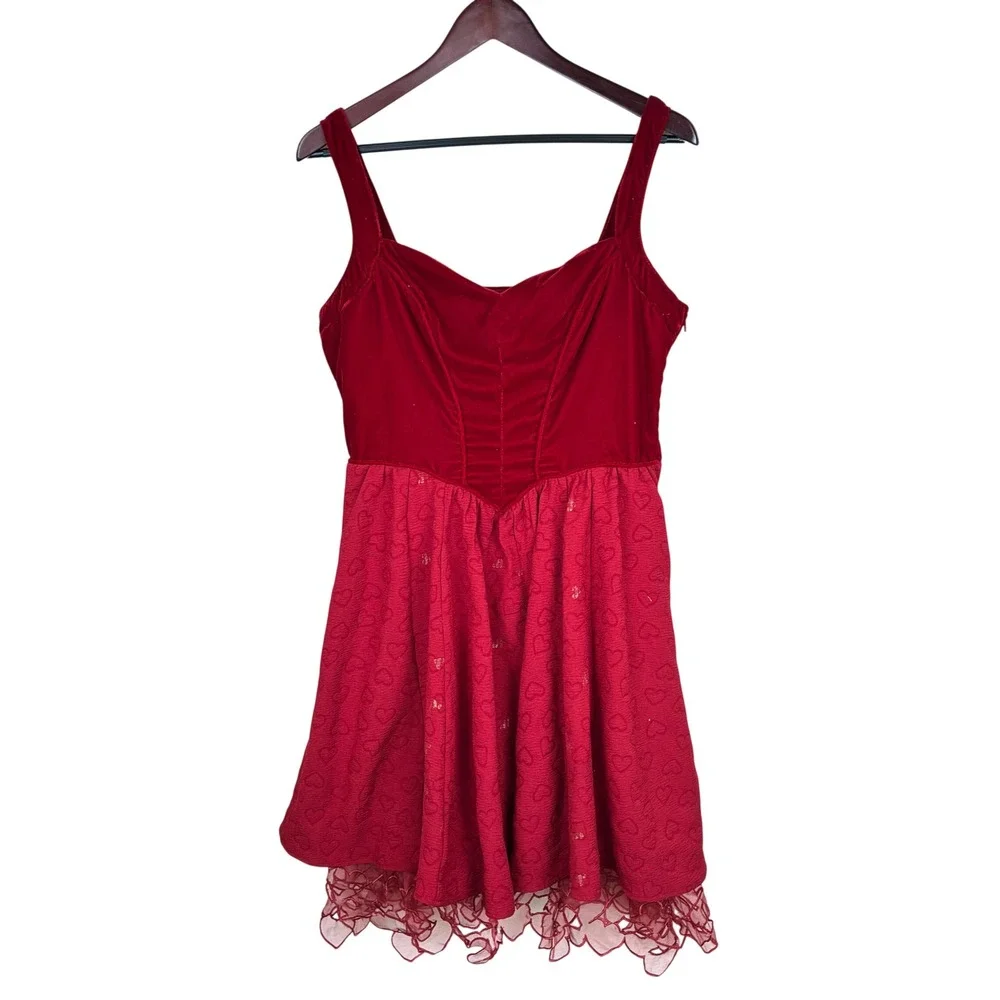 Dress Sz L Velvet Corset Babydoll Fairy Whimsigoth Holiday Heart Red Tulle Party
